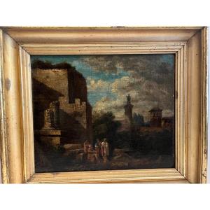 Tableau 18 ème Personagens dans les Ruines Huile sur toile " A Netoyer"