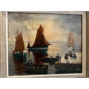 Tableau Pêcheur en Bretagne Signé Illisible Huile sur Toile.