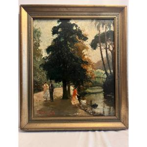 Painting: "a Walk In The Park In Seville," By Manfred Hausman (1892–1955), Oil On Canvas.