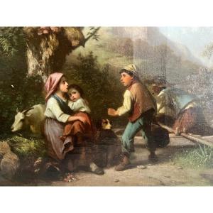 Tableau Signé  Ferdinand  Marohn  1839-1865 Toute la Famille attend le retour de la Pêche. 