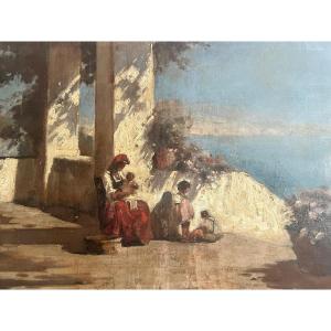 Tableau Paysage animé École Italienne Femme avec les deux enfants au Bord de la Mer.