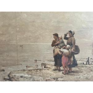 Tableau École Américaine Femmes Attendant le retour des Pêcheurs Signé Illisible. 