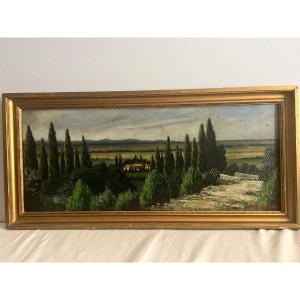 Landscape Painting, Signed (illegible), 20th Century, Oil On Canvas.