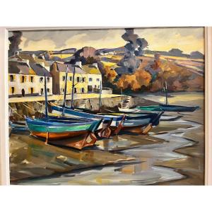 Tableau  Barques à quai Signé  Georges Lygrisse 1914-2002.
