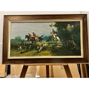 Tableau Polonais Chasse à Cour Signé Kossak Carol Huile sur Toile.