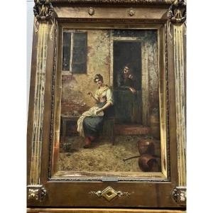 Tableau Signé A. SECOLA, La Repriseuse près de l'auberge Huile sur toile.