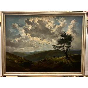 Large Landscape Painting Of The Mountains With A Shepherd, Signed By Peter Stéphane, Oil On Canvas.
