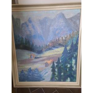 Tableau Paysage Montagnes avec Vallée arboisee de sapins Huile sur toile.