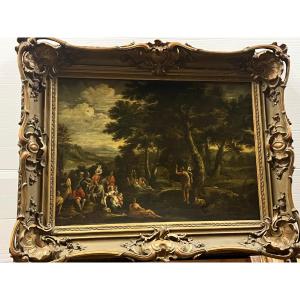 Tableau École Française la Prédication de Saint Jean - Baptiste dans un Paysage Boisé.