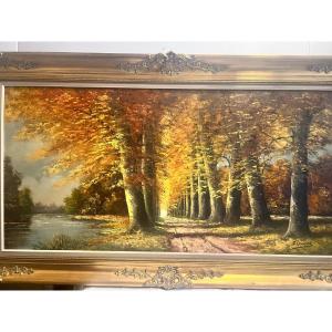 Large Painting: "autumn Landscape," Signed "brenner," Oil On Canvas.
