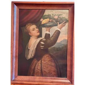 Painting: *young Woman With A Platter Of Fruit*, After Titian; Monogram; Oil On Cardboard