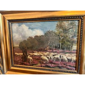 Tableau Berger et ses Moutons Signé Illisible Huile sur Toile