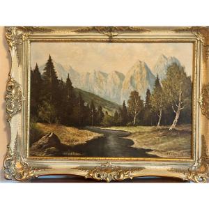Tableau Paysage Alpin de Montagnes avec Rivière Signé Heimrath Huile sur Panneau.