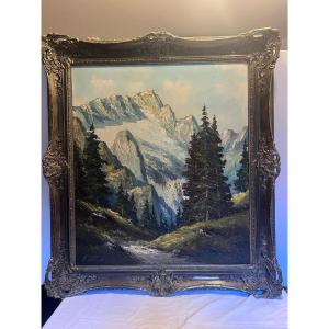 Tableau Paysage Alpin Montagnes et Sapins Signé Illisible très beau Cadre Huile sur toile.