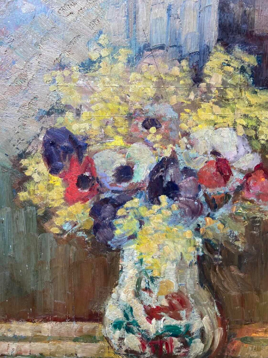 Tableau d'Horace Richebé - Bouquet d'anémones / Port de Marseille (recto/verso)-photo-1