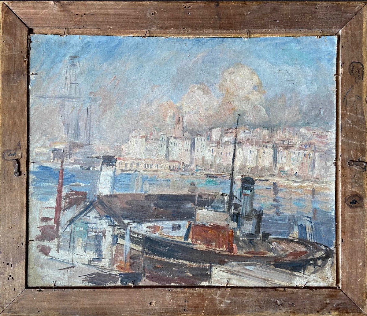 Tableau d'Horace Richebé - Bouquet d'anémones / Port de Marseille (recto/verso)-photo-5
