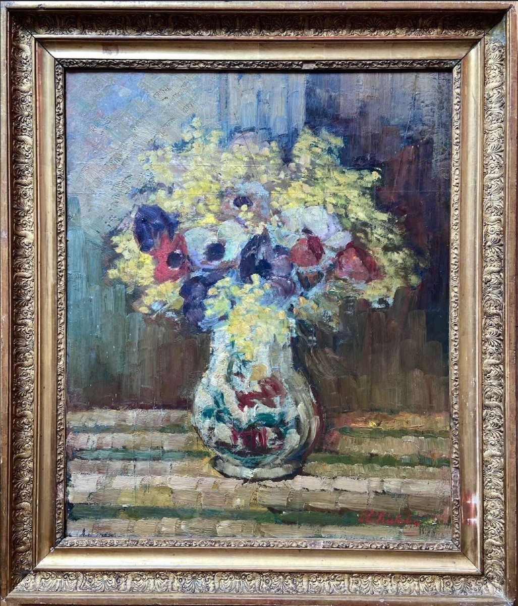 Tableau d'Horace Richebé - Bouquet d'anémones / Port de Marseille (recto/verso)