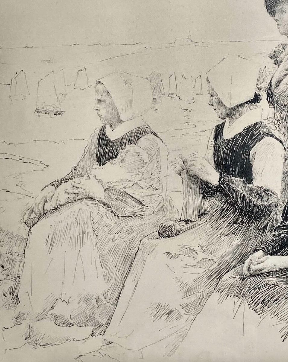Drawing By Henri Royer - Breton Women Watching The Boats Depart-photo-2