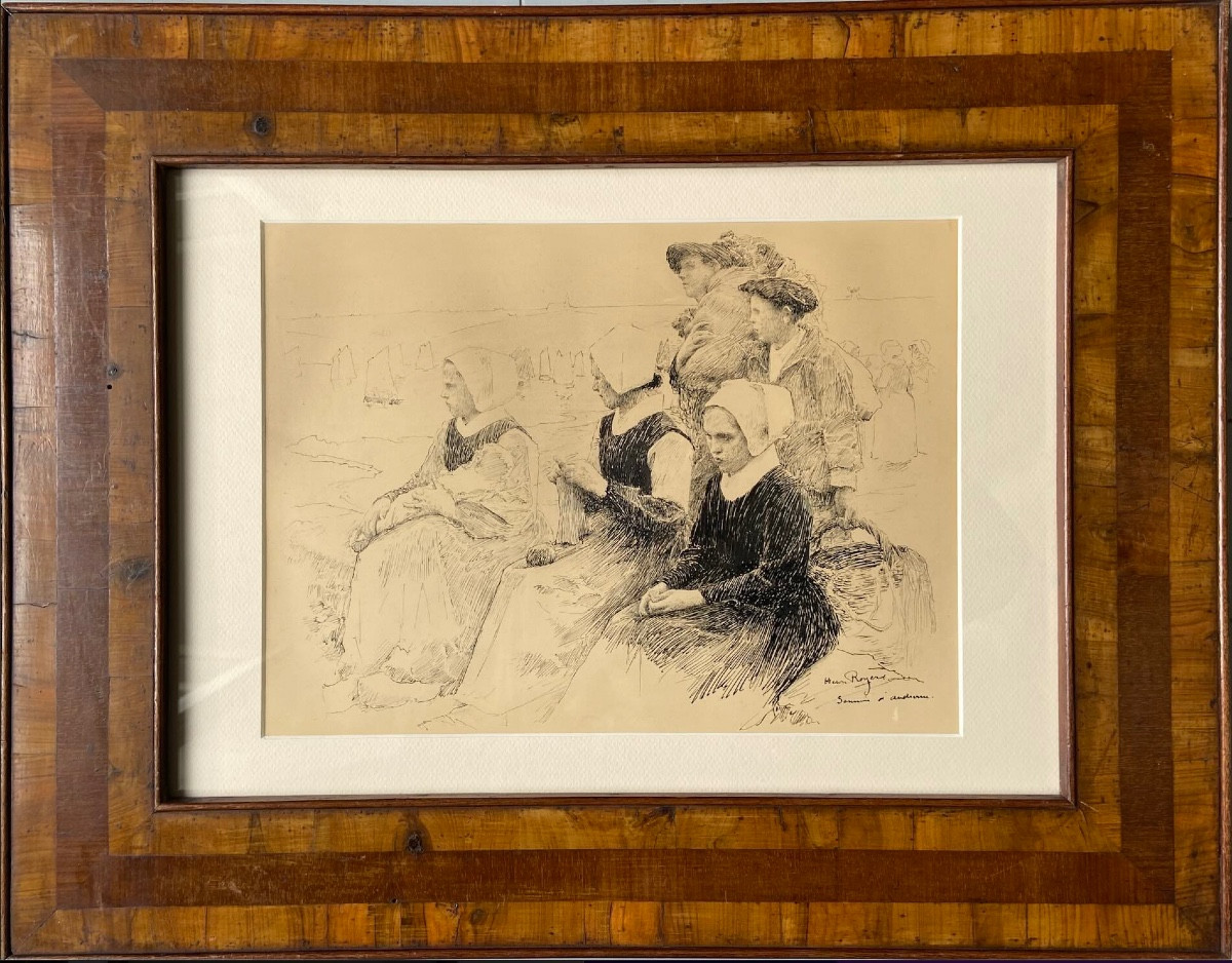 Drawing By Henri Royer - Breton Women Watching The Boats Depart