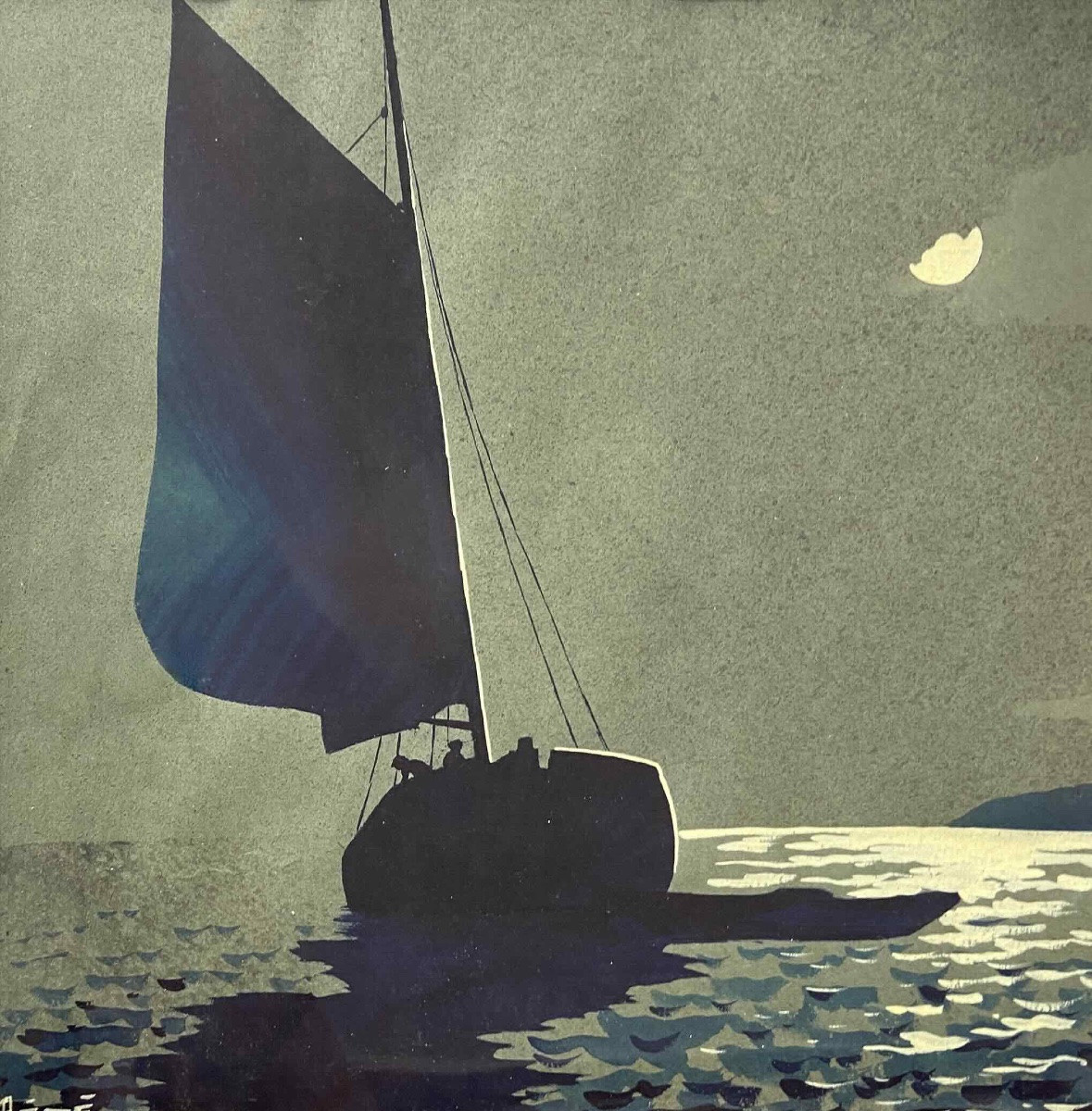 Gouache de Marcel GAILLARD (ent. de) - Voilier au clair de lune-photo-3