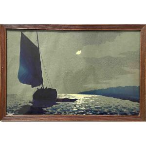 Gouache de Marcel GAILLARD (ent. de) - Voilier au clair de lune