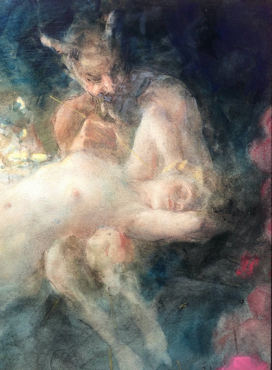 Antoine Calbet (1860-1944)  Femme Nue Avec Faune,  Art Nouveau,  Aquarelle  Début XX-photo-2