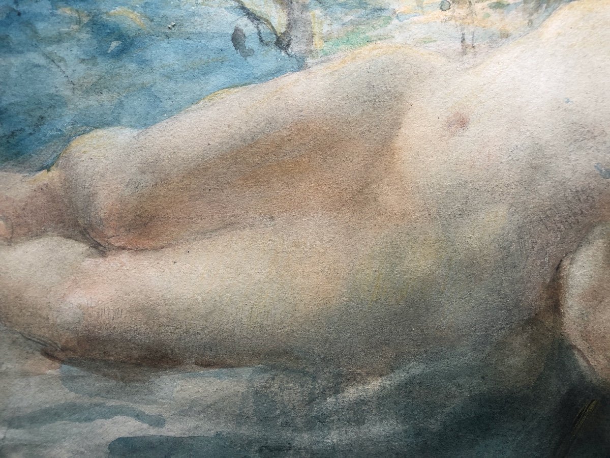 Antoine Calbet (1860-1944)  Femme Nue Avec Faune,  Art Nouveau,  Aquarelle  Début XX-photo-4