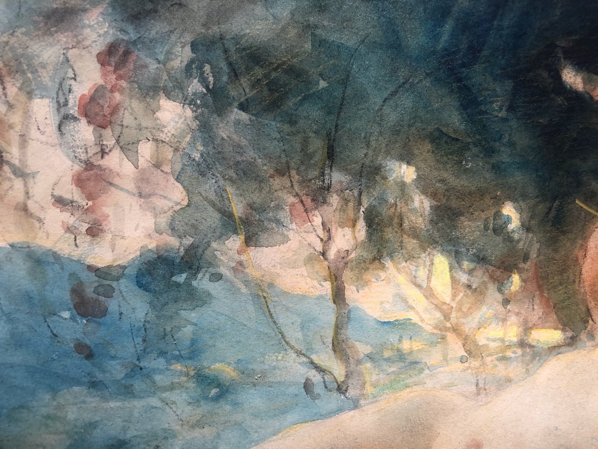 Antoine Calbet (1860-1944)  Femme Nue Avec Faune,  Art Nouveau,  Aquarelle  Début XX-photo-2