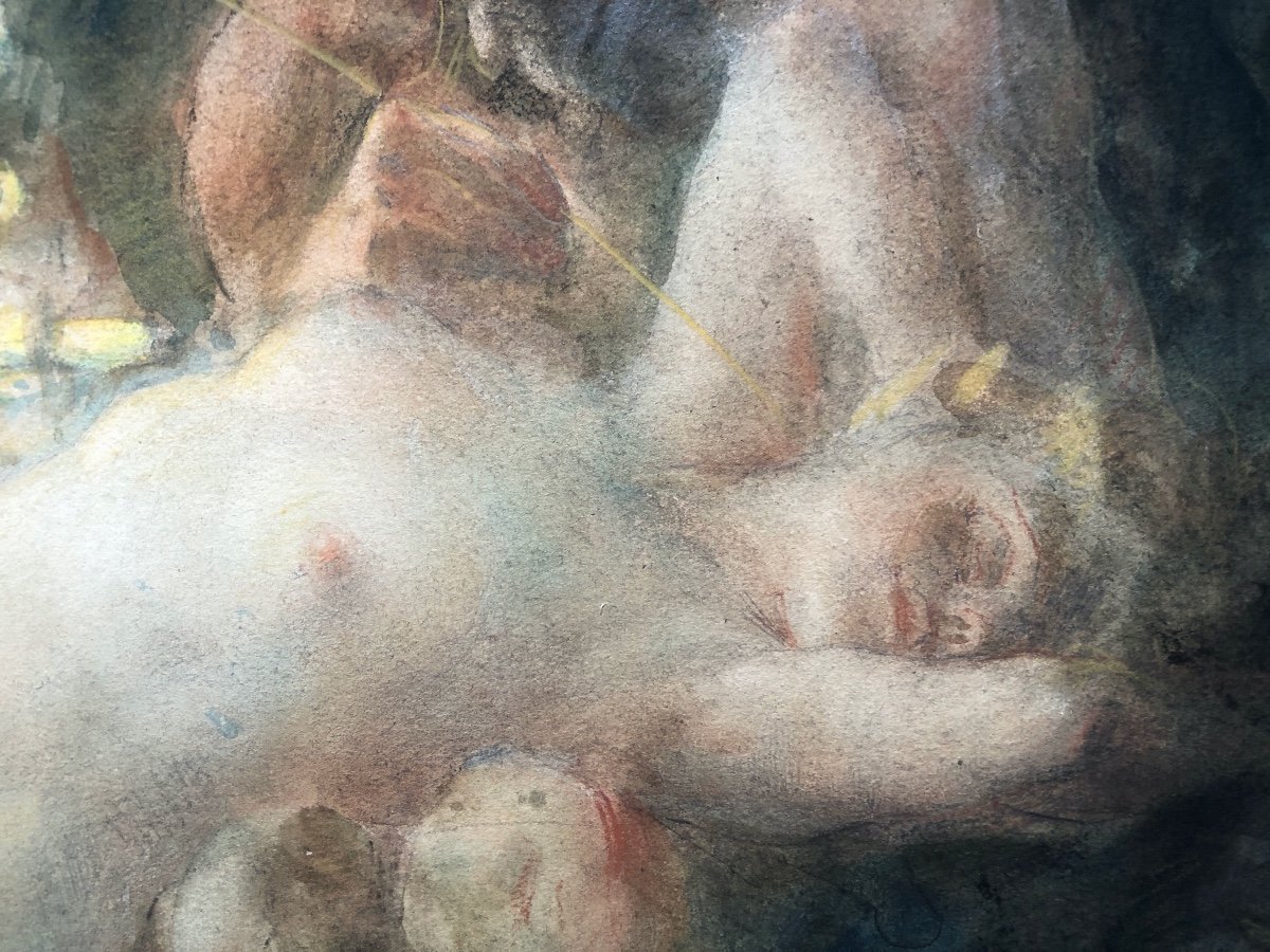 Antoine Calbet (1860-1944)  Femme Nue Avec Faune,  Art Nouveau,  Aquarelle  Début XX-photo-5