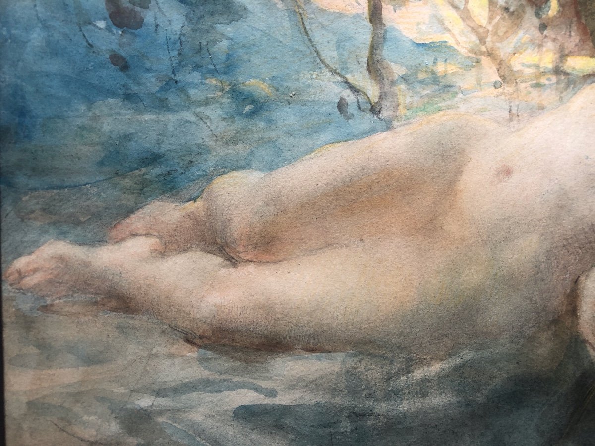 Antoine Calbet (1860-1944)  Femme Nue Avec Faune,  Art Nouveau,  Aquarelle  Début XX-photo-7