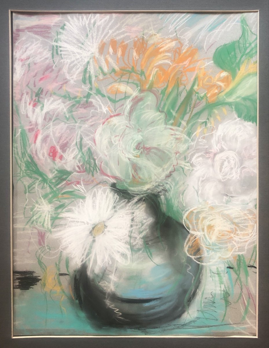 Grand Pastel Nature  Morte Aux Fleurs Début XX Siècle Signé