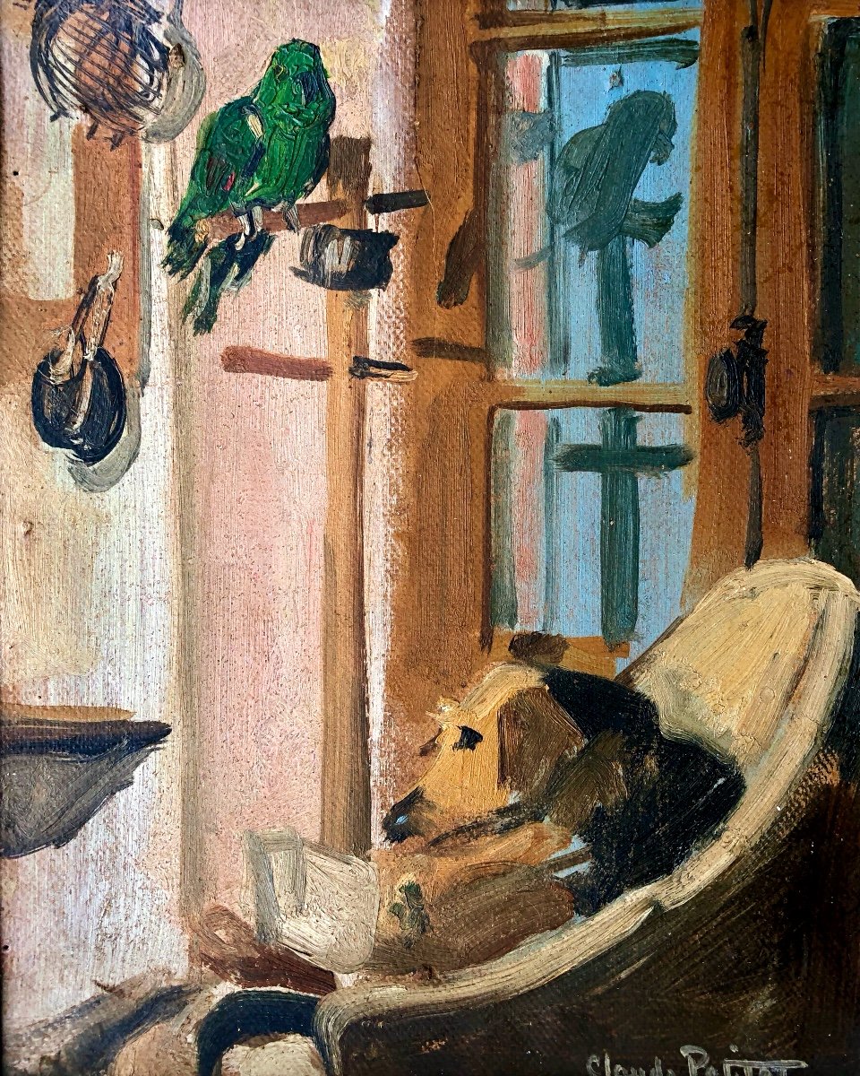 Claude Petitet (xx Century) Interior Scene With Parrot