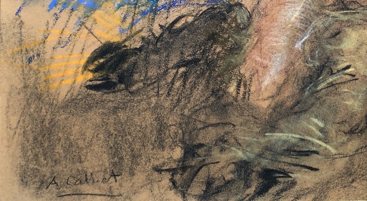 Antoine Calbet (1860-1944)  Femme Nue Avec Faune,  Art Nouveau, Grand  Pastel  Début XX-photo-2