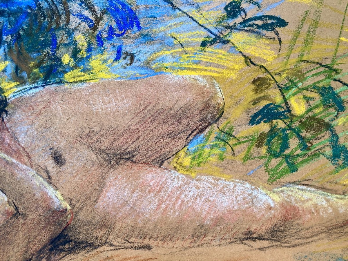 Antoine Calbet (1860-1944)  Femme Nue Avec Faune,  Art Nouveau, Grand  Pastel  Début XX-photo-4
