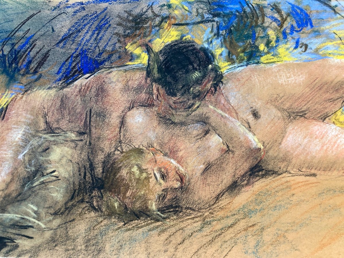 Antoine Calbet (1860-1944)  Femme Nue Avec Faune,  Art Nouveau, Grand  Pastel  Début XX-photo-1