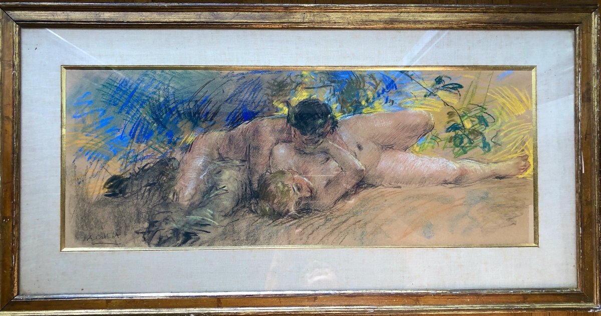 Antoine Calbet (1860-1944)  Femme Nue Avec Faune,  Art Nouveau, Grand  Pastel  Début XX-photo-3