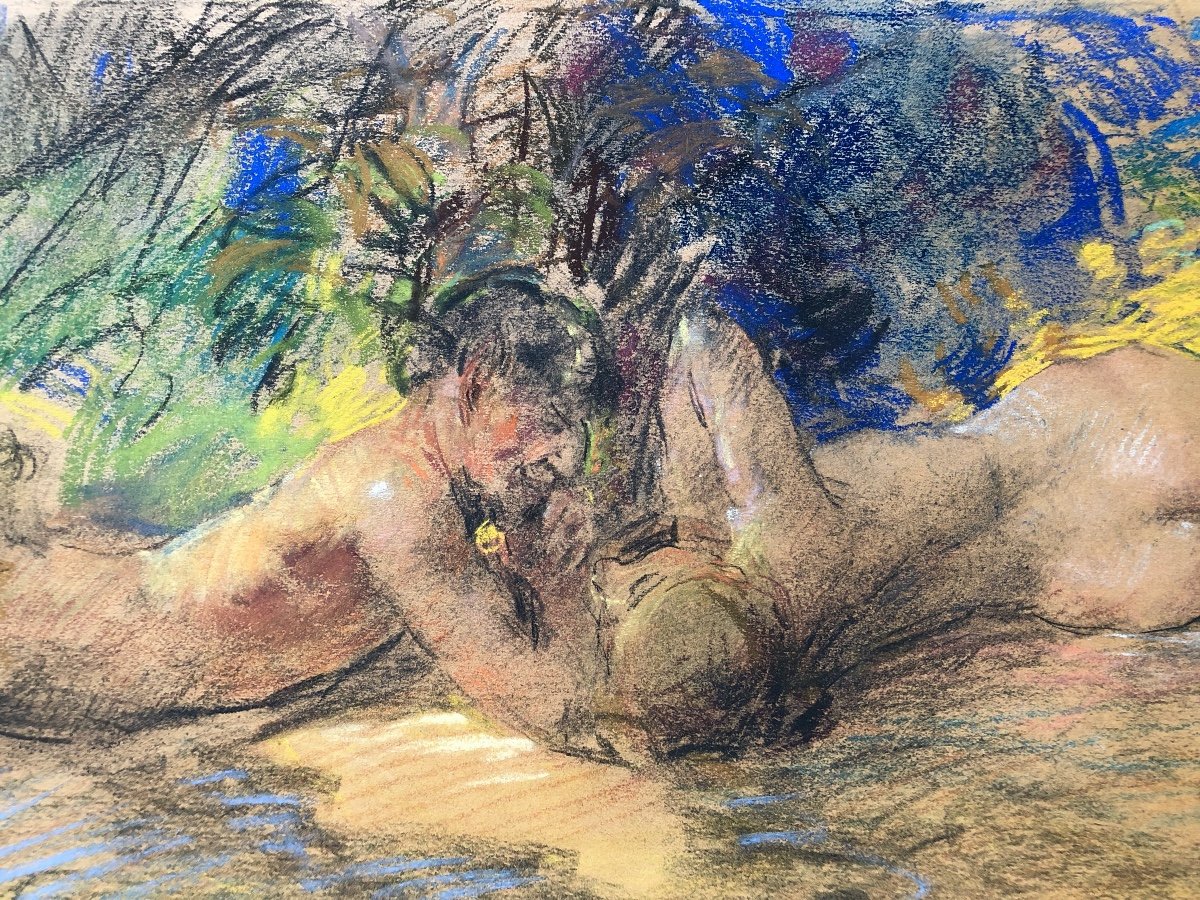 Antoine Calbet (1860-1944)  Femme Nue Avec Faune,  Art Nouveau, Grand  Pastel  Début XX  N° 2-photo-3