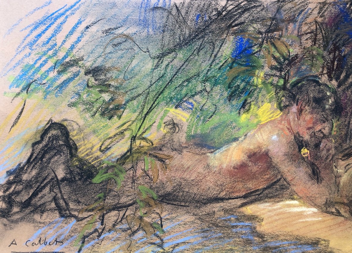 Antoine Calbet (1860-1944)  Femme Nue Avec Faune,  Art Nouveau, Grand  Pastel  Début XX  N° 2-photo-4