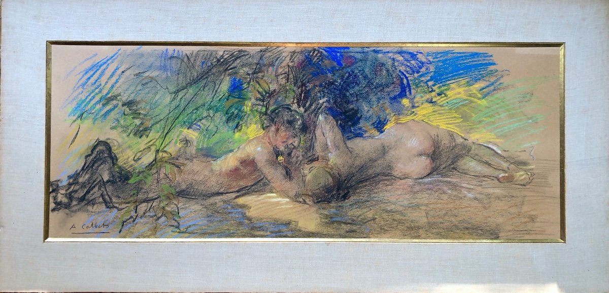 Antoine Calbet (1860-1944)  Femme Nue Avec Faune,  Art Nouveau, Grand  Pastel  Début XX  N° 2-photo-4