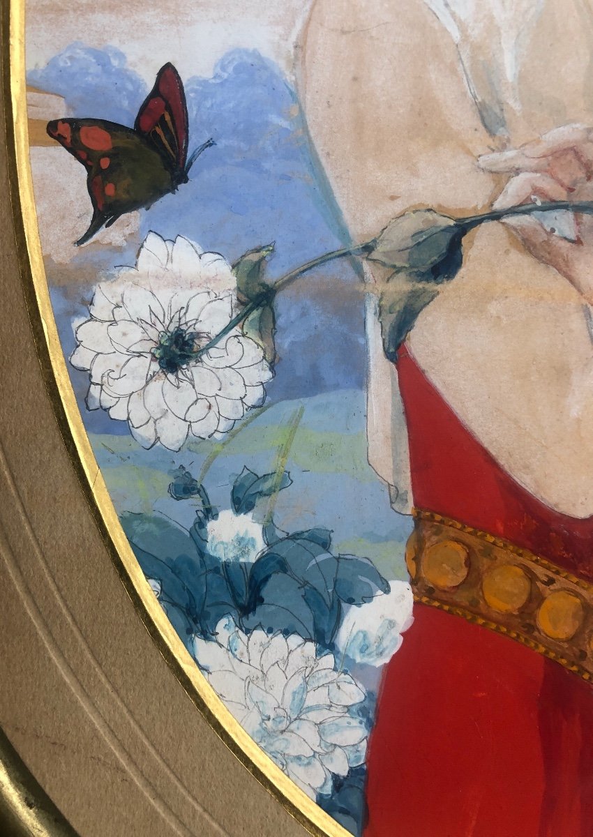 Jeune Femme Aux Fleurs Et Papillon, Art Déco, Art Nouveau, Gouache Sur Carton-photo-2