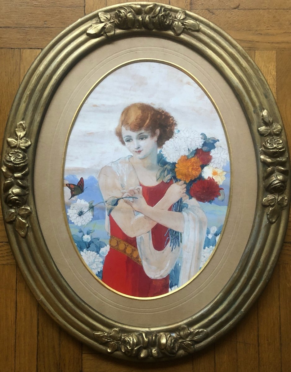 Jeune Femme Aux Fleurs Et Papillon, Art Déco, Art Nouveau, Gouache Sur Carton-photo-3