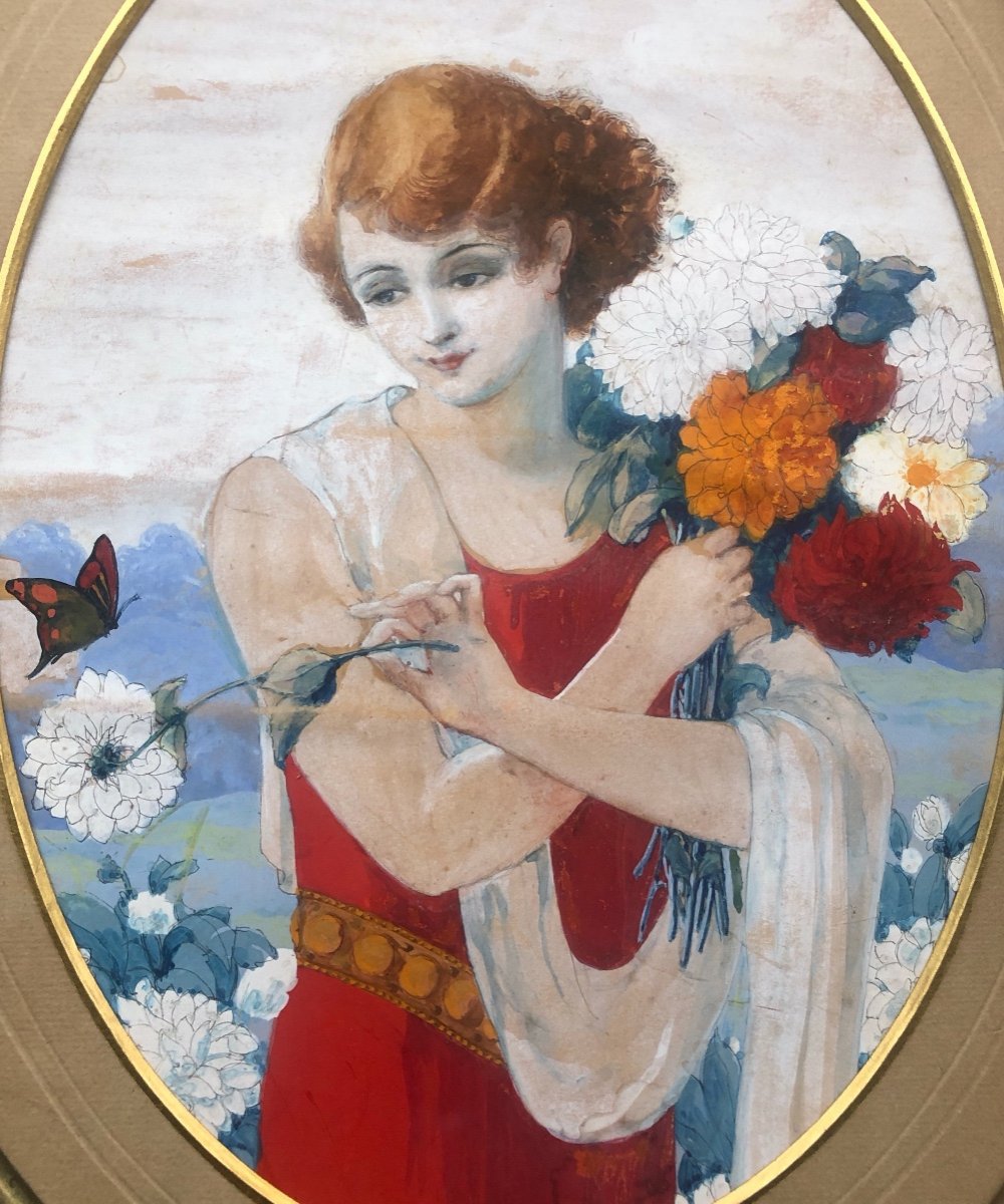 Jeune Femme Aux Fleurs Et Papillon, Art Déco, Art Nouveau, Gouache Sur Carton