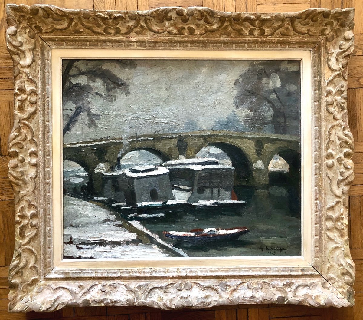 Gustave Hervigo (1896-1993) Pont Neuf In Paris 1939, Marine Painter -photo-2