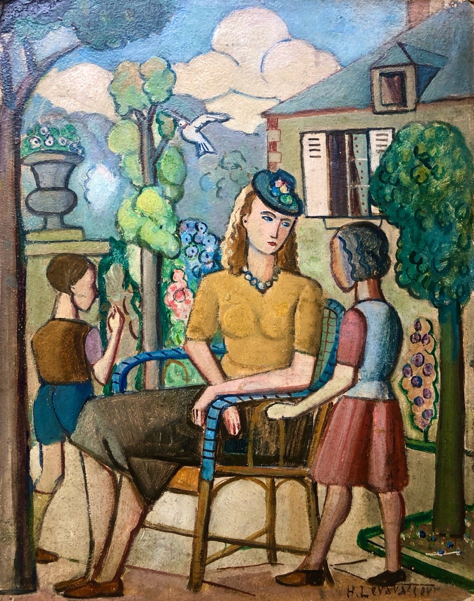 Henri Levasseur (1853-1934) Femme Et Enfants Dans Un Jardin 1933,  Art Déco-photo-3