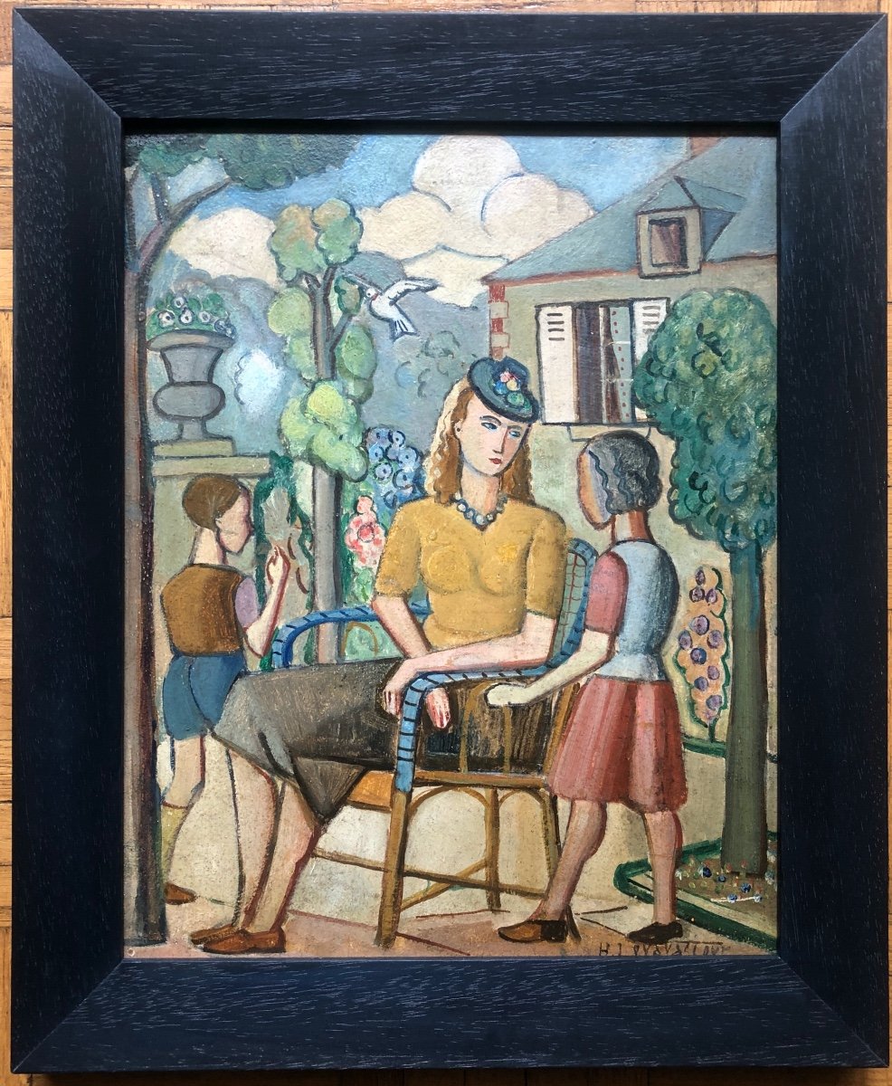 Henri Levasseur (1853-1934) Femme Et Enfants Dans Un Jardin 1933,  Art Déco-photo-5