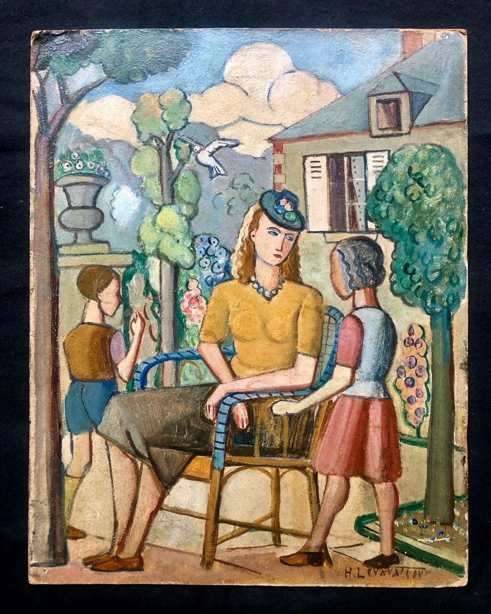 Henri Levasseur (1853-1934) Femme Et Enfants Dans Un Jardin 1933,  Art Déco