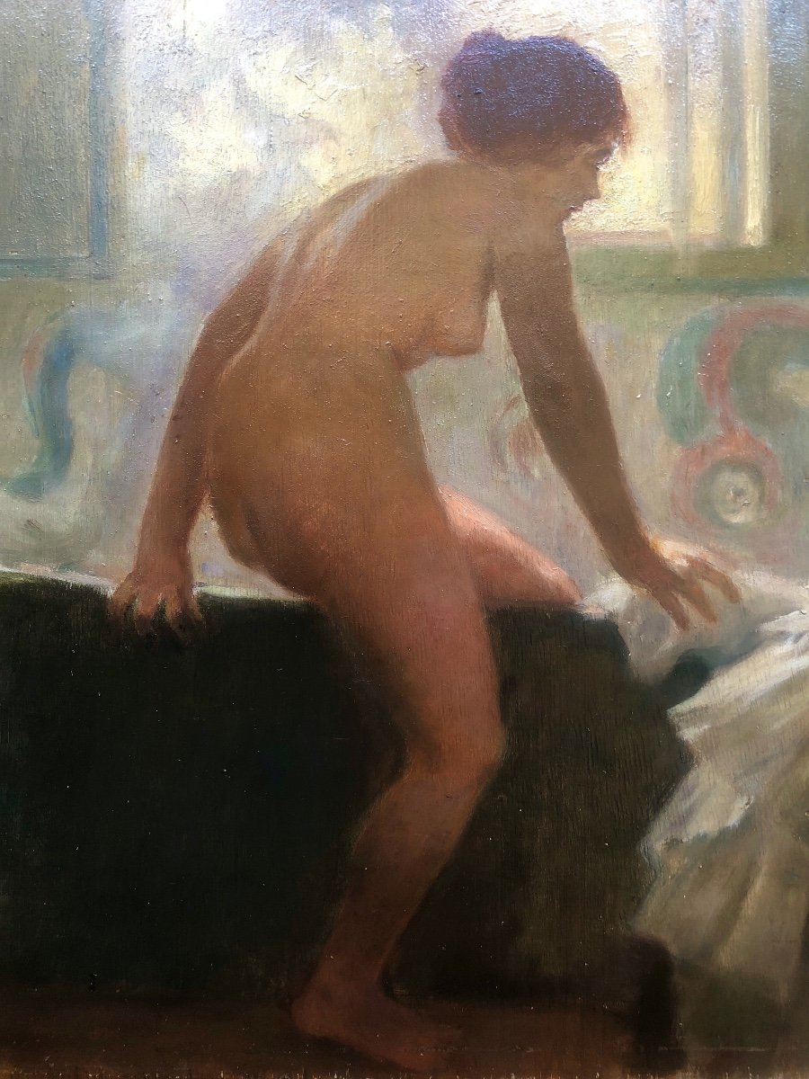Nude Woman Bathing, Oil On Wood, Early 20th Century, Art Nouveau-photo-2