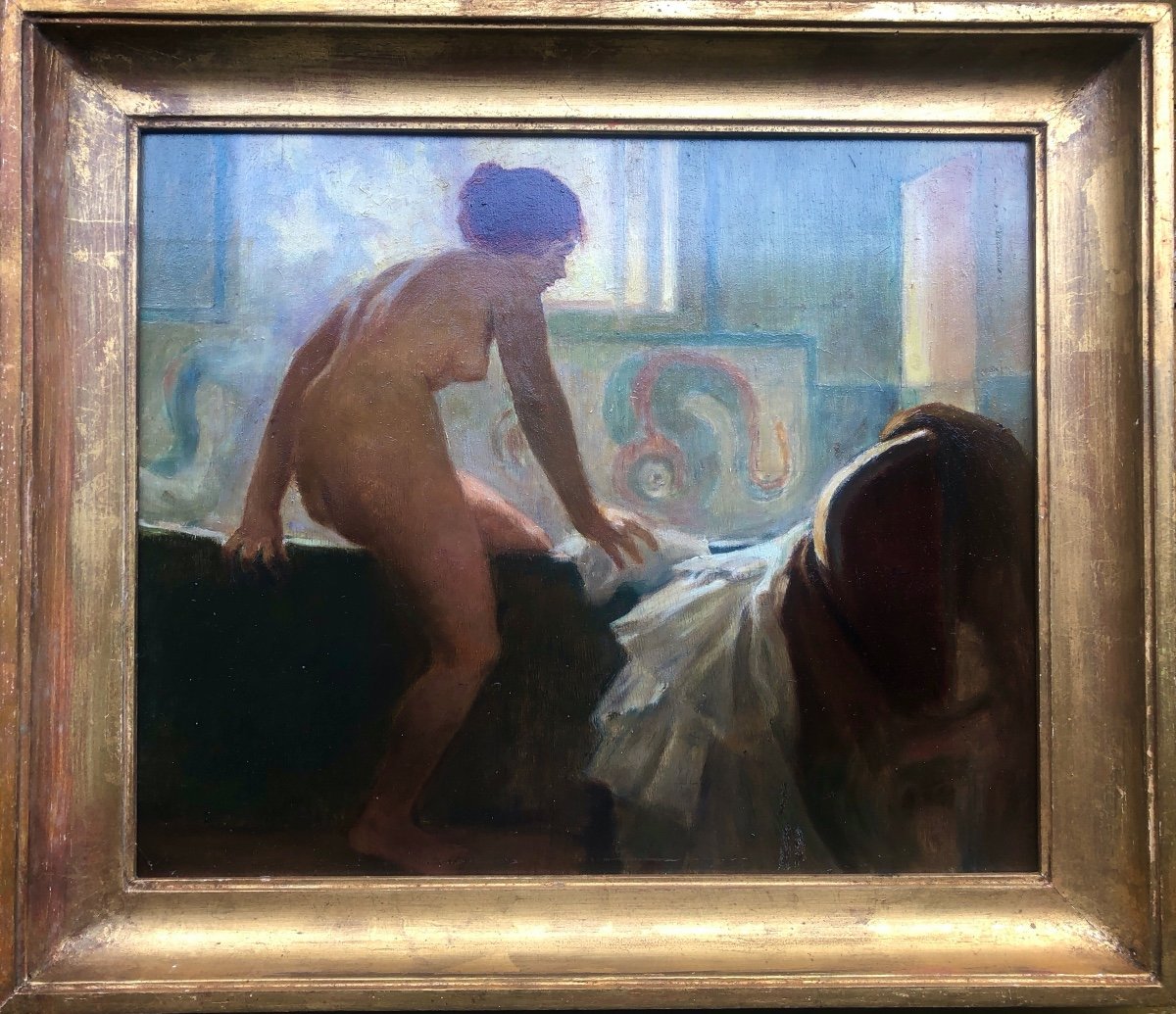 Nude Woman Bathing, Oil On Wood, Early 20th Century, Art Nouveau-photo-3