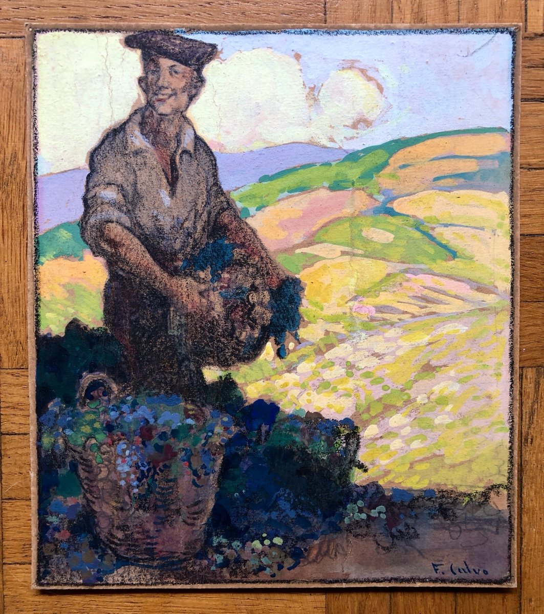 Fernand Calvo ( XX Siècle)  Vendanges, Peinture Basque,  Art Déco -photo-2