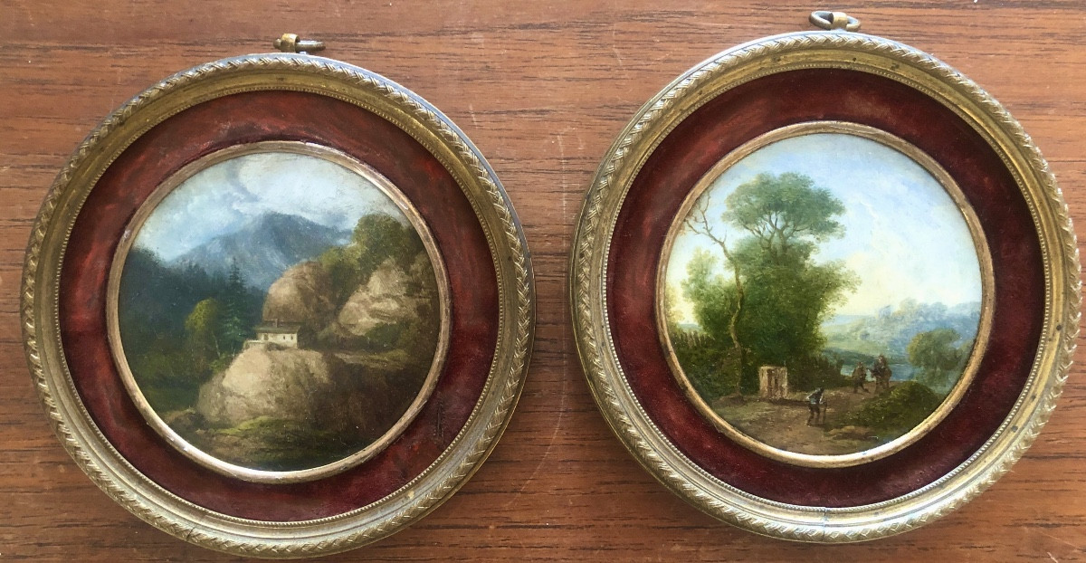 Ecole Française, Deux Paysages Miniatures XIX Siècle, Cadre En Cuivre -photo-4